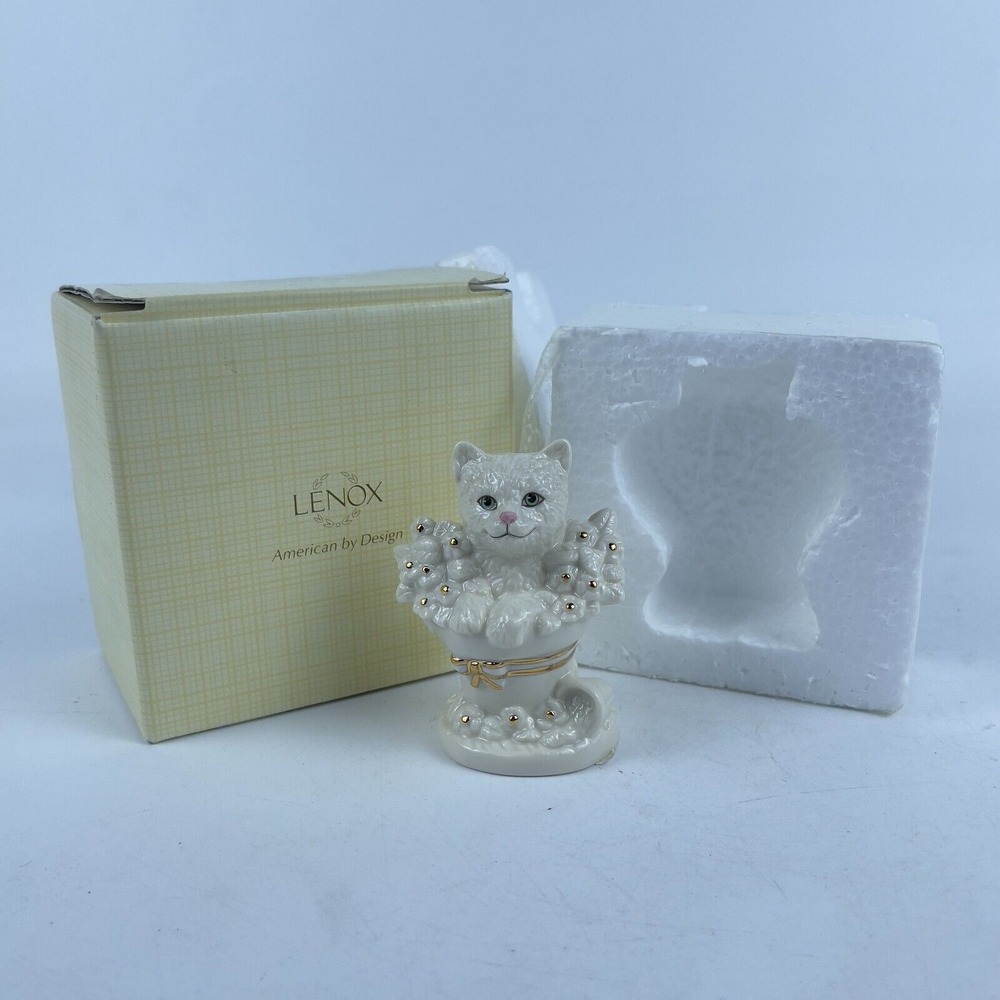 Lenox Mini Kitty Ivory & Gold Cat Kitten in‎ Flower Basket Decorative Figurine